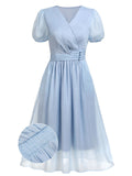 Sky Blue 1950s Solid Wrap Puff Sleeves Dress