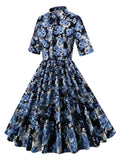 1950s Floral Shirt Collar Swing Dress