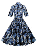 1950s Floral Shirt Collar Swing Dress