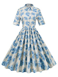 1950s Floral Shirt Collar Swing Dress