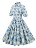1950s Floral Shirt Collar Swing Dress