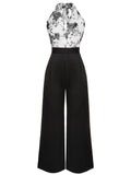 Black White 1930s Floral Halter Strap Jumpsuit