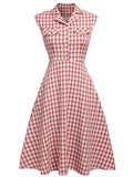 Pink 1950s Plaid Lapel Collar Swing Dress