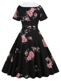Black 1950s Flowers Lapel Swing Dress