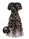 Black 1950s Lace Flowers Swing Dress