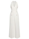 White V-Neck Buttons Vintage Jumpsuit