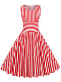 Red 1950s Stripe Crew Neck Swing Dress