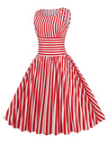 Red 1950s Stripe Crew Neck Swing Dress