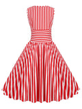 Red 1950s Stripe Crew Neck Swing Dress