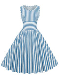 Red 1950s Stripe Crew Neck Swing Dress