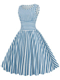 Red 1950s Stripe Crew Neck Swing Dress