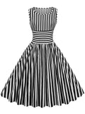 Red 1950s Stripe Crew Neck Swing Dress