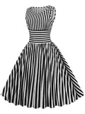Red 1950s Stripe Crew Neck Swing Dress