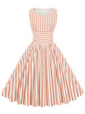 Red 1950s Stripe Crew Neck Swing Dress