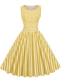Red 1950s Stripe Crew Neck Swing Dress
