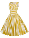 Red 1950s Stripe Crew Neck Swing Dress