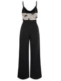 Black 1930s Strap Butterfly Lace Patchwork Jumpsuit