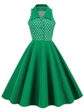 Green 1950s Lapel Collar Polka Dots Swing Dress