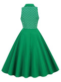 Green 1950s Lapel Collar Polka Dots Swing Dress