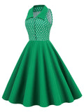 Green 1950s Lapel Collar Polka Dots Swing Dress