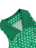 Green 1950s Lapel Collar Polka Dots Swing Dress