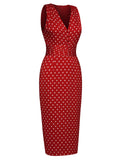 Red 1960s Dots V-Neck Pencil Dress