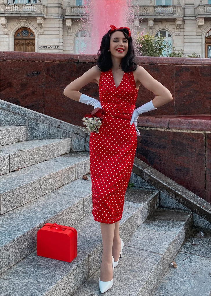 Red 1960s Dots V-Neck Pencil Dress