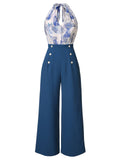 Blue 1930s Butterfly Patchwork Halter Lace-Up Jumpsuit
