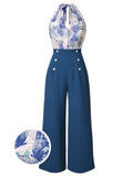 Blue 1930s Butterfly Patchwork Halter Lace-Up Jumpsuit
