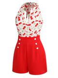 [US Warehouse] Red 1950s Cherry V-Neck Halter Lace-Up Romper