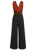 Orange 1930s Butterfly V-Neck Patchwork Jumpsuit