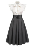 White & Gray 1950s Lace-Up Swing Dress