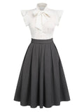 White & Gray 1950s Lace-Up Swing Dress