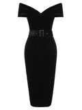 Black 1960s Off-Shoulder Rhinestones Velvet Dress