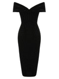 Black 1960s Off-Shoulder Rhinestones Velvet Dress