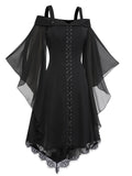 Black 1950s Bat Sleeve Lace-Up Dress