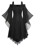 Black 1950s Bat Sleeve Lace-Up Dress