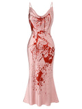 [US Warehouse] Pink 1930s Halloween Blood Fishtail Dress