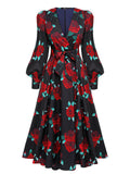 Black 1940s Rose Lantern Sleeved Lace-Up Dress