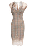 [US Warehouse] Gray 1960s Plaid Lace Pencil Dress