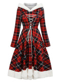 Red 1950s Plaid Lace-up Hooded Dress