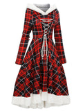 [US Warehouse] Red 1950s Plaid Lace-up Hooded Dress