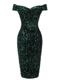Green 1960s Sequins Off-Shoulder Pencil Dress