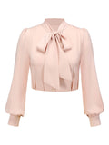 Pale Pink 1950s Bowtie Collar Satin Tops