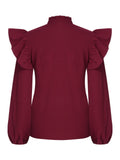 Wine Red 1950s Solid V-neck Ruffle Blouse