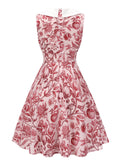 Red 1940s Floral Bow Lapel Sleeveless Dress