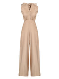 Khaki 1930s Solid V-neck Halter Jumpsuit