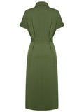 Green 1940s Solid Belted Slit Dress