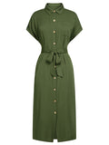 Green 1940s Solid Belted Slit Dress