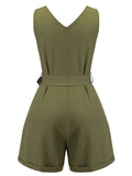 Army Green 1950s V-Neck Button Waist Tie Romper